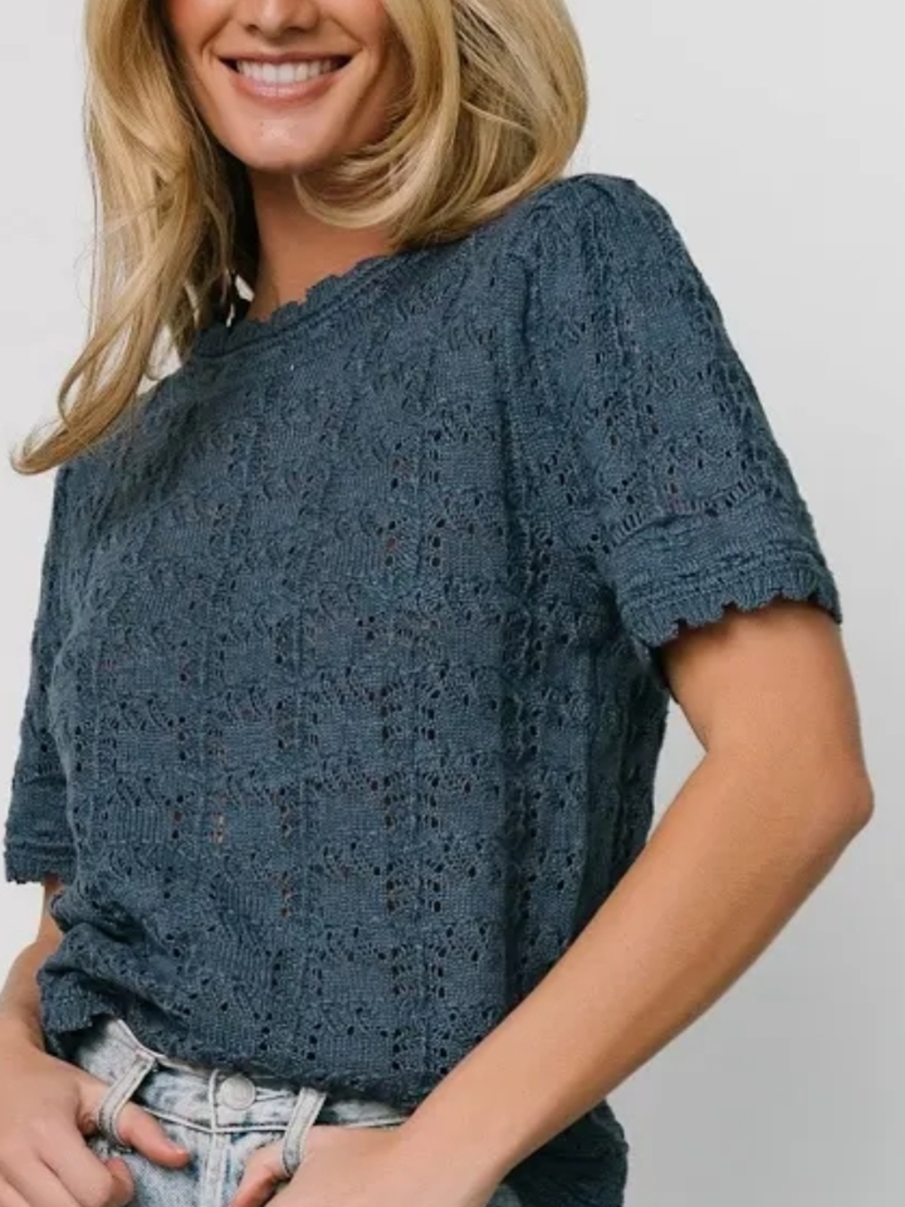 Relaxed Crochet Short Sleeve Top in Slate Blue